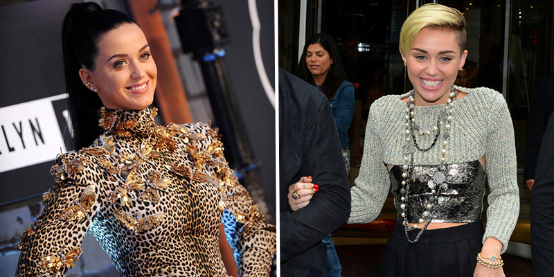 Photo Credits: (L) Katy Perry courtesy Axelle/Bauer-Griffin;(R) Miley Cyrus courtesy Rick Diamond/Getty Images North America
