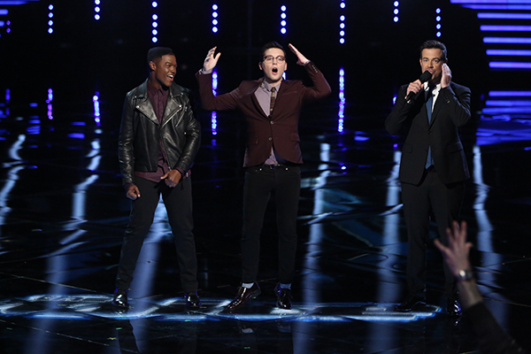 THE VOICE -- "Live Show" Episode 517B -- Pictured: (l-r) Matthew Schuler, James Wolpert, Carson Daly -- (Photo by: Tyler Golden/NBC)