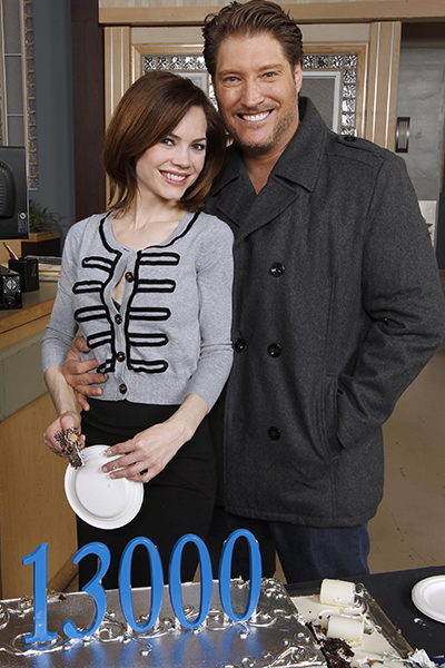 General Hospital stars Rebecca Herbst (Elizabeth) and Sean Kanan (AJ) celebrating during the 13,000 episode cake cutting. Photo Credit: ABC/Rick Rowell